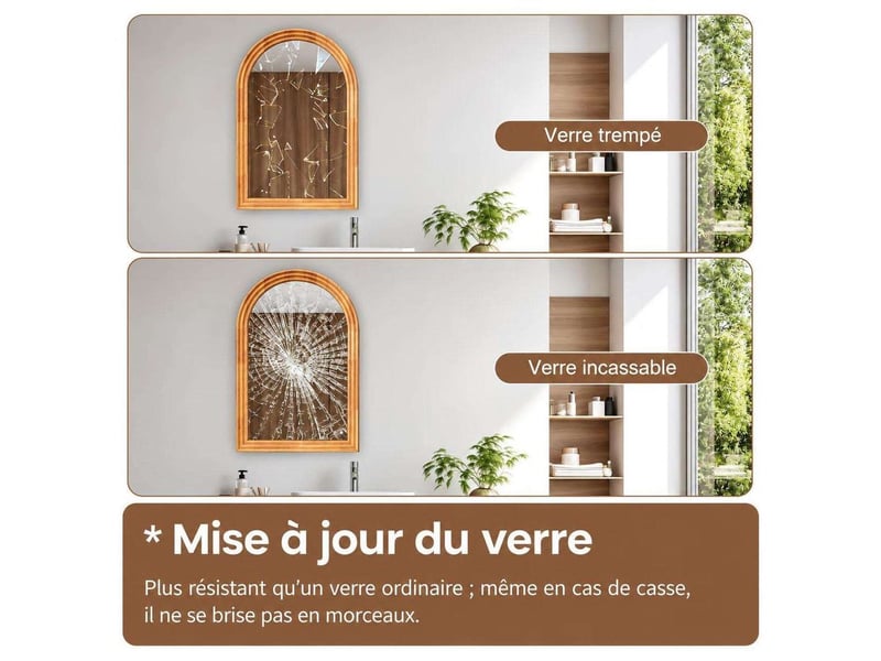  Miroir arqué mural 40x60cm en verre trempé hd – finition chêne clair  - Conforama C