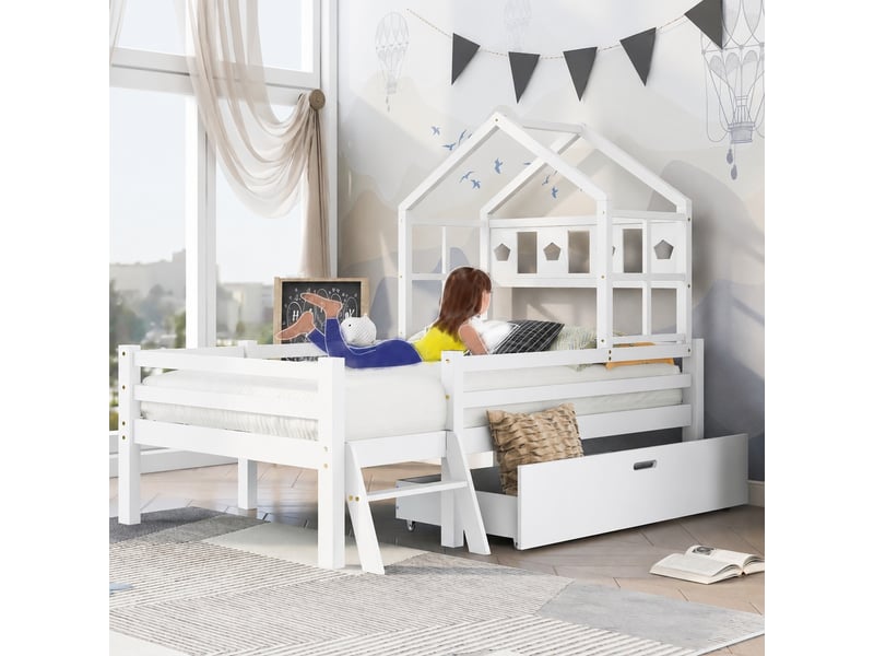  Lit cabane enfant 90x200 cm avec échelle et tiroir, pin massif et mdf, blanc  - Conforama B