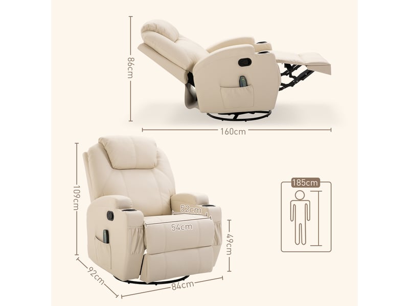  Fauteuil relax massant inclinable,84x92x109 cm,avec repose-pieds,similicuir,crème  - Conforama C