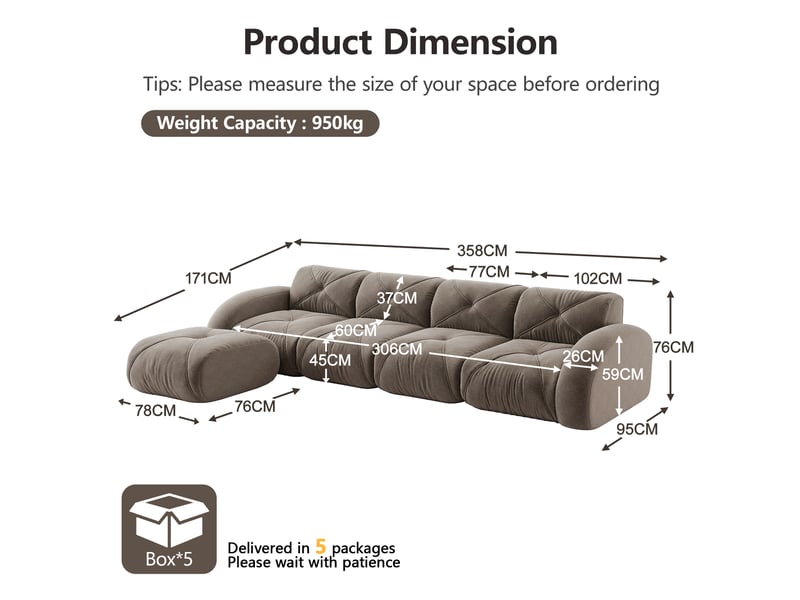 Canapé modulaire 4 places avec repose-pieds, design sans montage et base antidérapante en chenille taupe - Conforama E