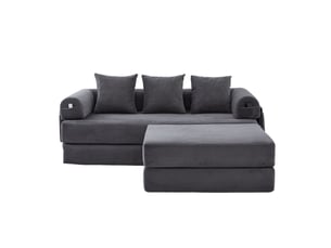 Canapé d'angle convertible modulable en velours côtelé gris foncé avec hocker et 3 coussins