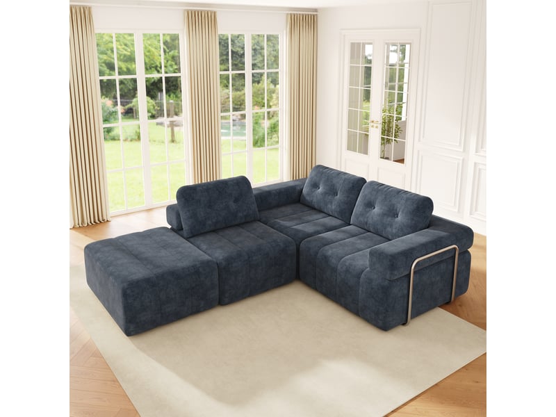 Canapé modulable en l bleu 4 places 258 × 165 × 79 cm, chenille et pouf Fay Lum - Conforama D