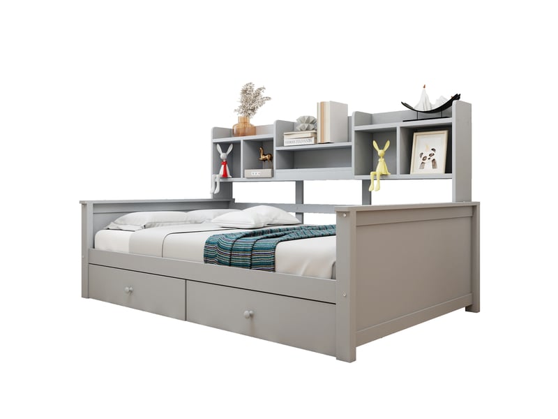  Lit simple 90x200 cm avec tiroirs et rangements en bois gris  - Conforama A