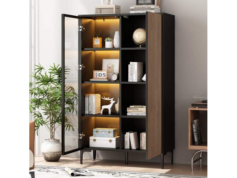  Vitrine 90x40x135 cm 2 portes led mdf noir et bois naturel  - Conforama B