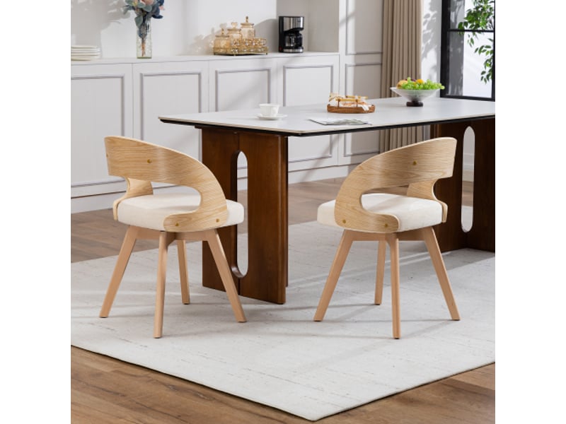  Ensemble de 2 chaises de salle à manger en bois, moderne, sièges pivotants, coussins coton-lin beige, dossier incurvé  - Conforama B