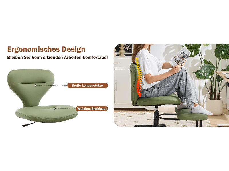 Chaise de bureau jambes croisées vert en simili cuir, hauteur réglable, repose-pieds rétractable, roulettes silencieuses - Conforama E