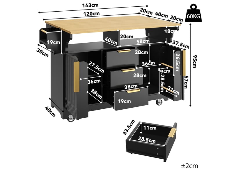  Îlot central de cuisine 120 x 4080 x 95 cm avec plateau extensible, 3 tiroirs et 2 portes, étagères et roulettes, noir  - Conforama C