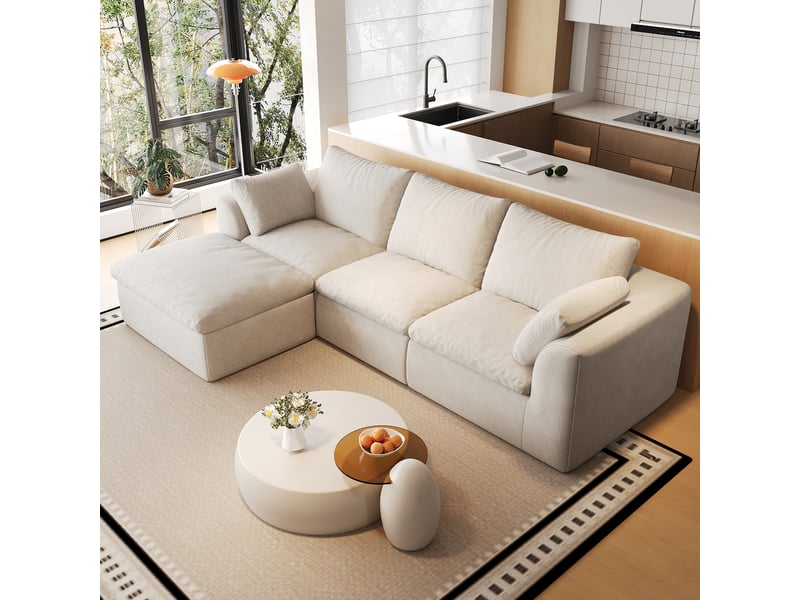  Canapé d’angle 4 places en tissu lin beige et blanc, 245 cm, mousse compressée IKSETERA TRADING LTD - Conforama E