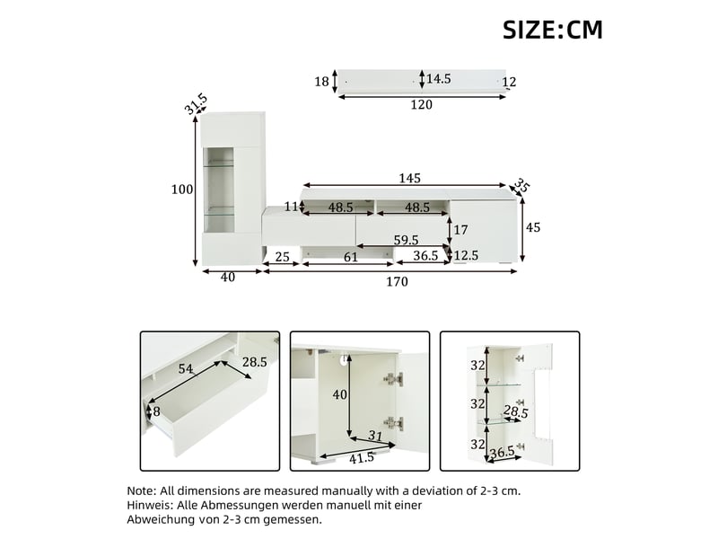  Ensemble meuble tv mural - ensemble 3 pièces - blanc brillant - led - 170x35x45 cm  - Conforama C