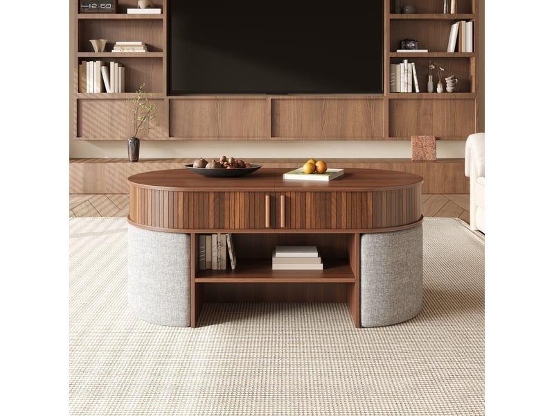  Table basse ovale avec 2 portes coulissantes et poufs coloris noyer 120 cm GL9678N - Conforama E