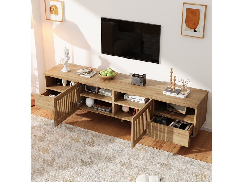  Meuble tv 180 cm en mdf bois clair, 2 portes grillagées, 2 tiroirs et niches ouvertes, tv jusqu’à environ 75 pouces  - Conforama E