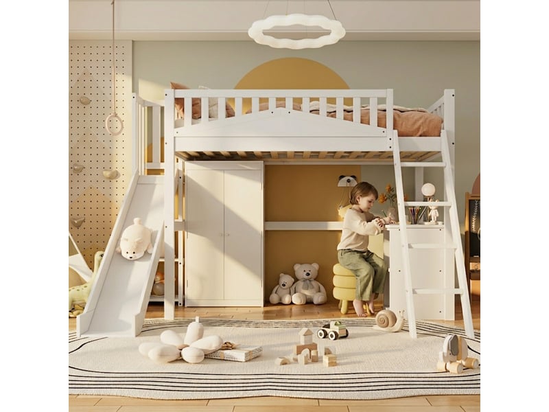  Lit mezzanine 90x200 cm, lit enfant avec toboggan bureau et armoire intégrée, gain de place en bois de pin et mdf, blanc  - Conforama C