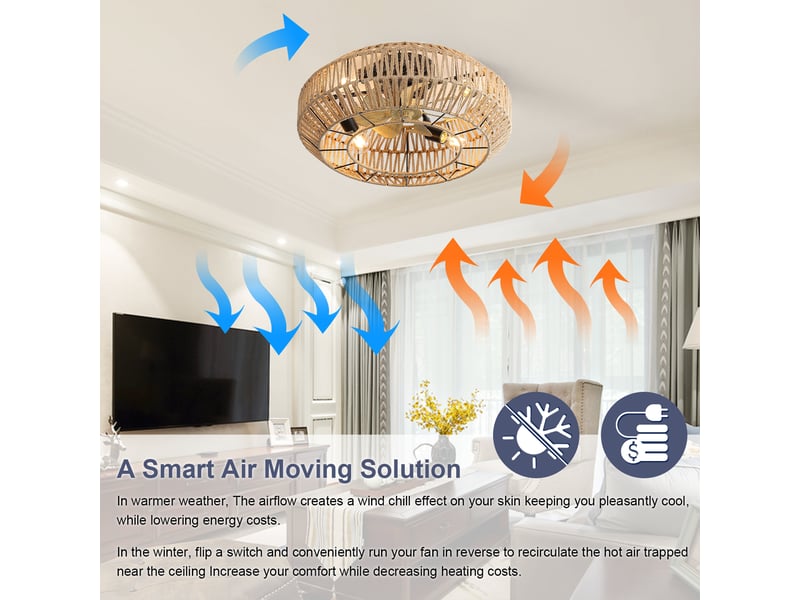 Ventilateur de plafond bohème 56 cm cage en rotin, moteur dc silencieux, 6 vitesses, télécommande, réversible - Conforama D