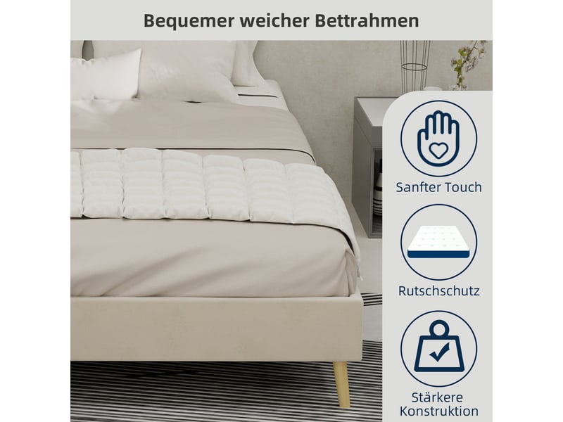  Lit 140x200 cm velours hollandais beige, structure basse, sans sommier ni mécanisme ni tête de lit ni matelas  - Conforama E
