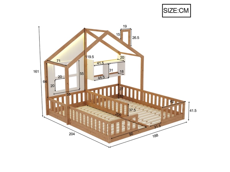 Lit cabane lit 2 places avec led, barrières et étagères 90×200 cm et 90×200 cm, sans matelas, bois naturel - Conforama E