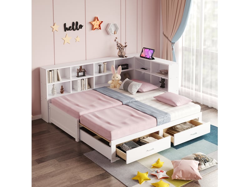  Modenvie lit gigogne 90180x190 cm - avec rangement et prises multifonctions, sommier inclus - blanc  - Conforama B