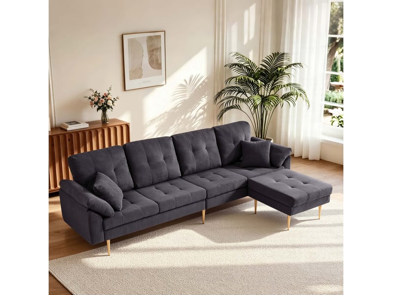  Canapé droit 4 places avec pouf modulable, assise profonde et pieds en fer, en velours côtelé gris foncé, 250 cm  - Conforama B