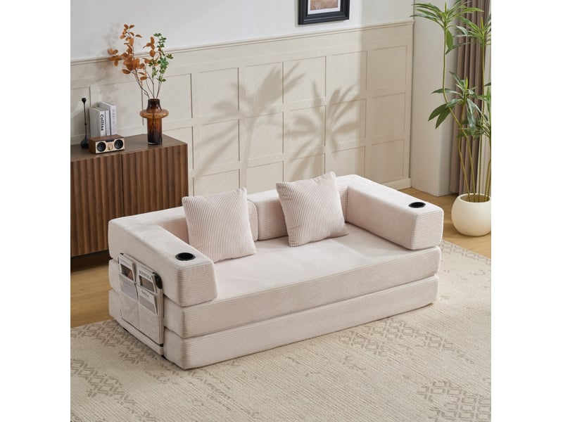 Canapé convertible pliable avec porte-gobelets et poches latérales, dossier rabattable en velours côtelé blanc - Conforama C
