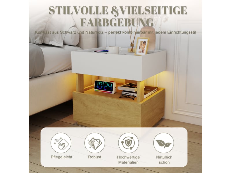  Table de chevet,50x40x50 cm,2 tiroirs avec led,blanc et bois naturel  - Conforama D