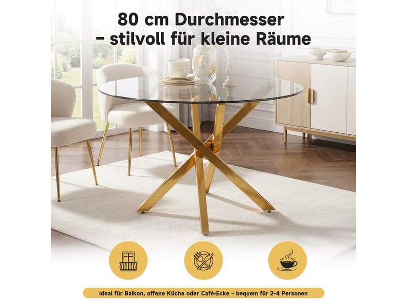  Table de salle à manger ronde,80x80x75 cm,style moderne,verre trempé,doré  - Conforama E