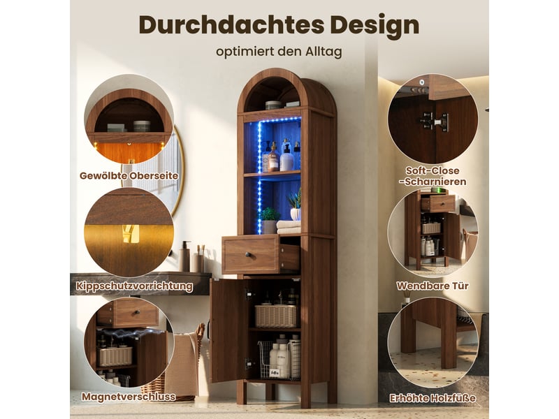 Colonne de salle de bains noyer, 40 × 30 × 163 cm, mdf, éclairage led, éléments en verre, fermeture douce, étagères réglables  - Conforama C