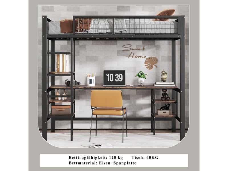  Lit superposé 90x200cm, structure métal et bois, bureau et rangements, échelle quatre marches, coloris noir  - Conforama D