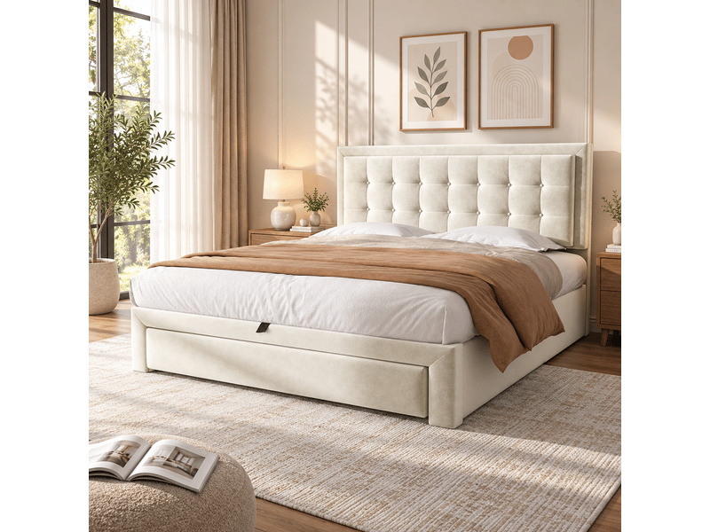  Lit coffre rembourré 140 x 200 cm, rangement hydraulique, 2 tiroirs, tête de lit, sommier à lattes en bois, velours, beige Bliss Lite - Conforama B