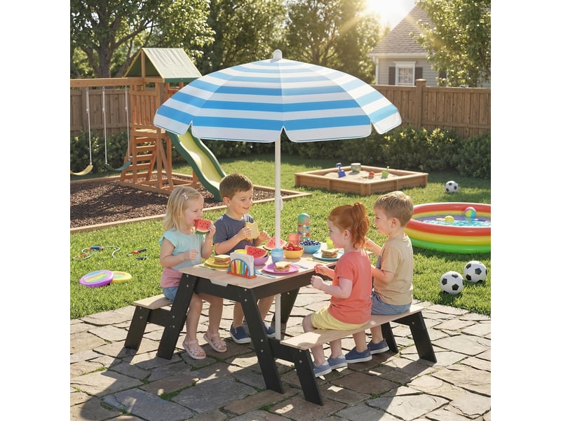 Table de pique-nique enfants avec parasol, 3 en 1 salon de jardin en bois pour enfants 3-6 ans avec 2 boîtes, naturel - Conforama B