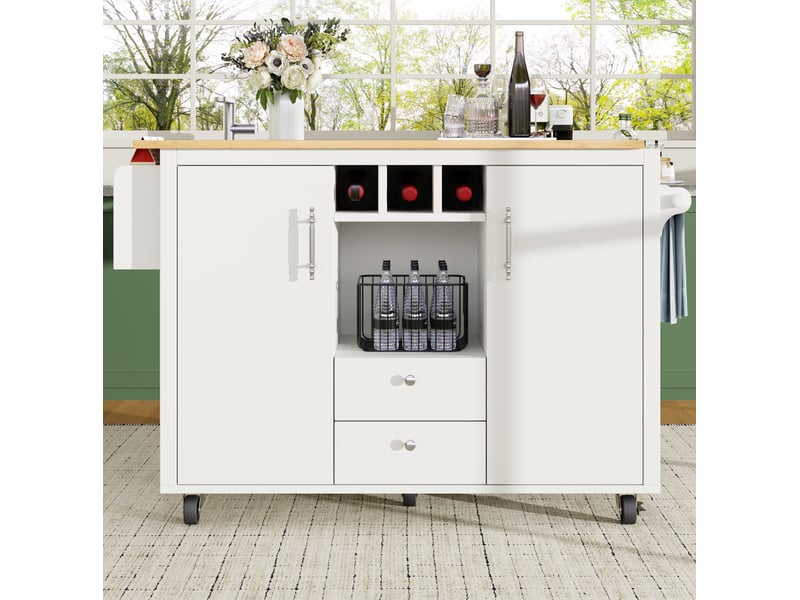  Îlot de cuisine 137,9x73x92,2 cm avec plan rabattable et roulettes, poignées chromées, pour la cuisine, en mdf, blanc  - Conforama B
