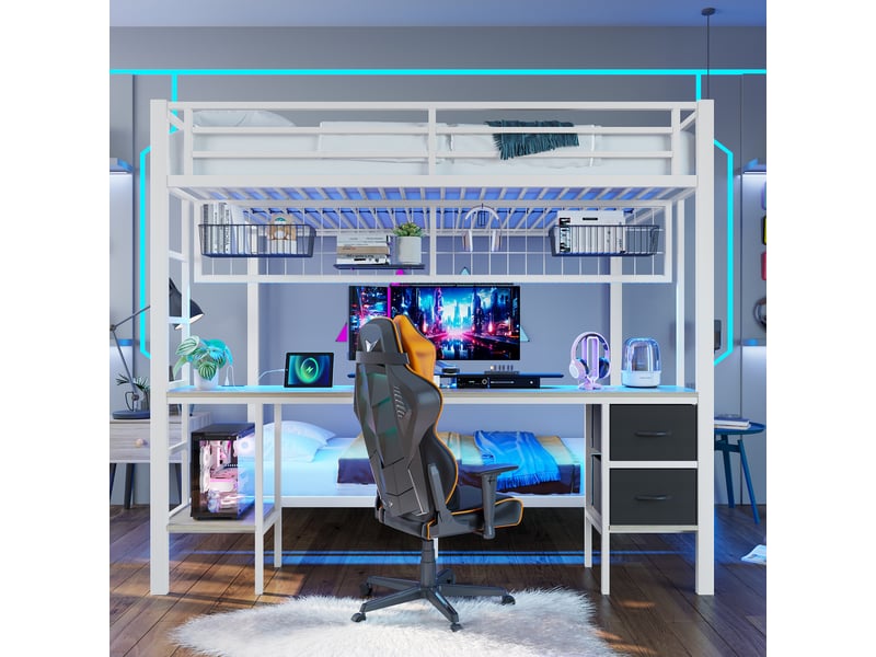 Lits superposés enfant 140x200 cm, led, bureau, tiroirs, étagère, usb, sommiers, métal blanc, sans matelas - Conforama B