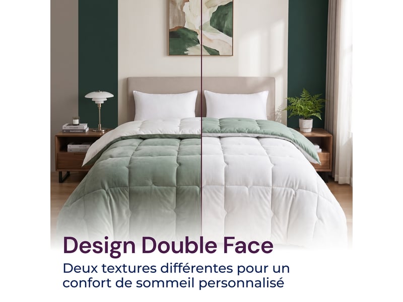  Flandria couette douce réversible polaire, chaude et moelleuse, garnissage 350gsm, 220x240cm, sauge et microfibre blanche  - Conforama C