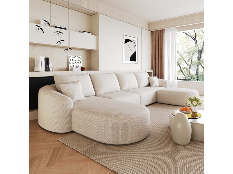  Canapé d’angle fixe 4 places 336x168 cm, canapé avec méridienne gauche et pouf modulable, sans montage, écru  - Conforama D