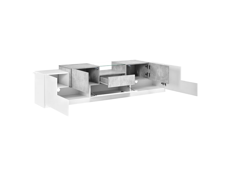  Meuble tv 200 cm blanc laqué et aspect béton, banc tv moderne avec 4 portes, étagère en verre et tiroir pour salon et chambre  - Conforama W