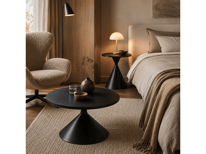  Lot de 2 tables basses rondes, finition noire effet bois, ø7050 cm, structure en acier carbone, design moderne.  - Conforama E