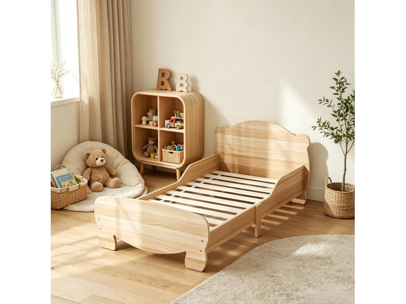  Lit simple enfant 70x140 cm en mdf coloris bois naturel avec barrières et motif ours  - Conforama E