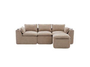 Canapé modulable 3 places modenvie avec pouf, coussins et porte-gobelet, tissu chenille taupe, 256 x 161 x 75 cm