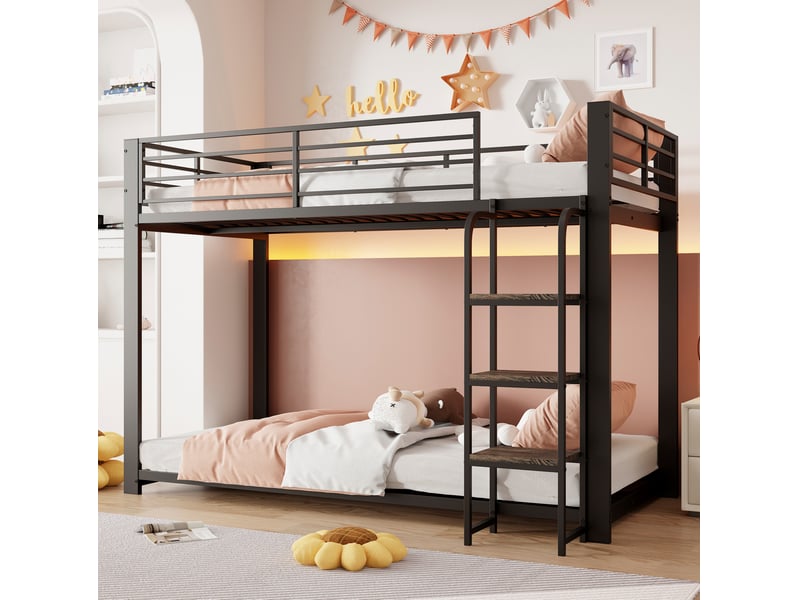  Lit superposé 90x200 cm avec escalier en bois, sommier à lattes, garde-corps de sécurité, mdf et métal, couleur noir  - Conforama B