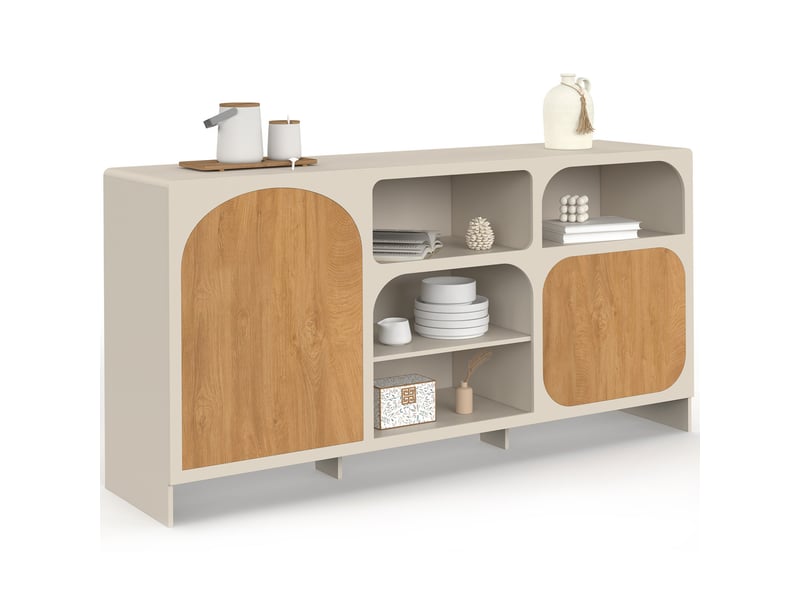  Buffet 160 cm athena 2 portes avec 4 niches design organique beige et effet bois  - Conforama A