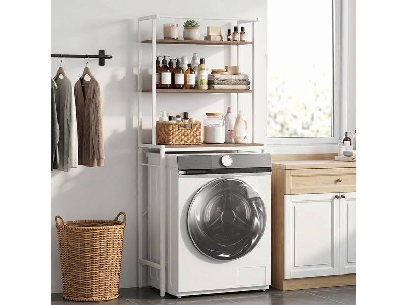 Étagère de machine à laver 3 niveaux, marron et blanc, meuble pour lave-linge et sèche-linge avec barre de suspension - Conforama A