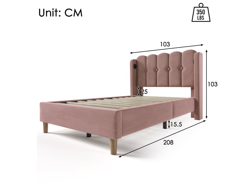  Lit rembourré, lit enfant 90x200 cm, usbusb-c, velours rose, matelas inclus  - Conforama C