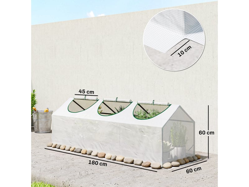  Serre de jardin mini serre 3 fenêtres enroulables couverture en pe haute densité 140 gm² 180 x 60 x 60 cm blanc  - Conforama E