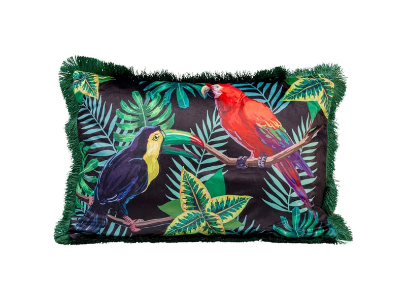  coussin à franges jungle oiseaux  - Conforama A