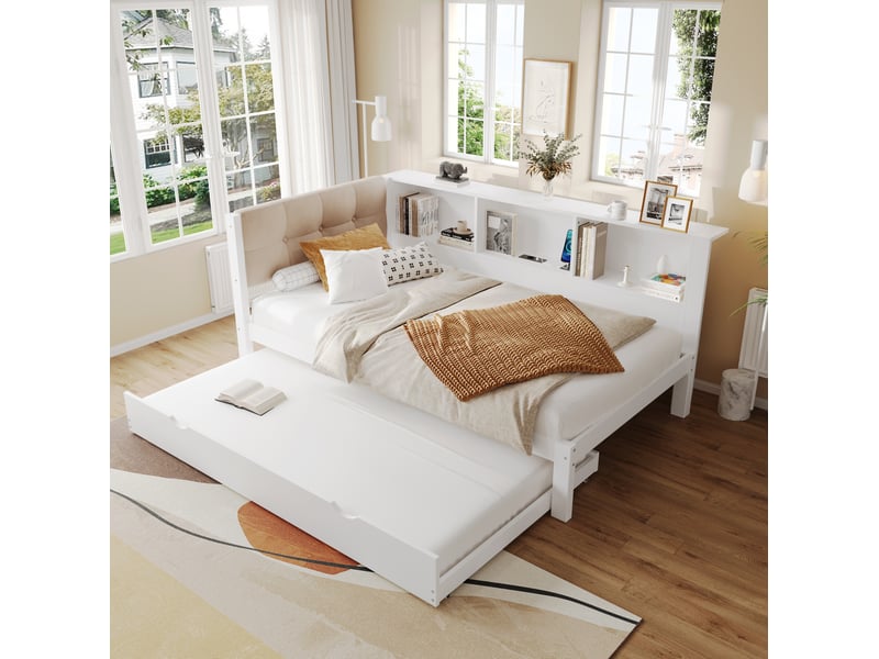  Lit gigogne 90x200 cm avec étagères, led et usb, blanc  - Conforama D