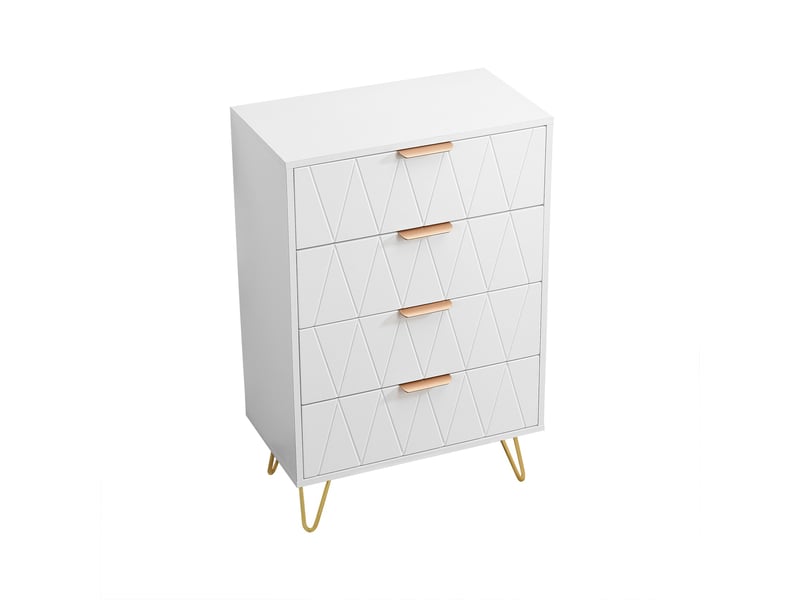 Commode chambre bois 60x34x90 cm, 4 tiroirs, meuble de rangement, anti-basculement, pieds en métal, style moderne luxe léger, blanc - Conforama A