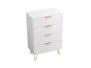 Commode chambre bois 60x34x90 cm, 4 tiroirs, meuble de rangement, anti-basculement, pieds en métal, style moderne luxe léger, blanc