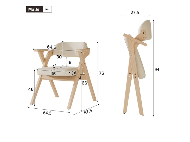  Lot de 4 chaises pliantes de salle à manger, accoudoirs, bois et lin beige  - Conforama E