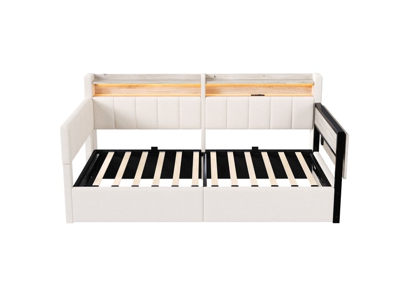  Lit coffre 90 × 200 cm en velours blanc, table rabattable, led, usb-c et module latéral réversible Fay Lum - Conforama D
