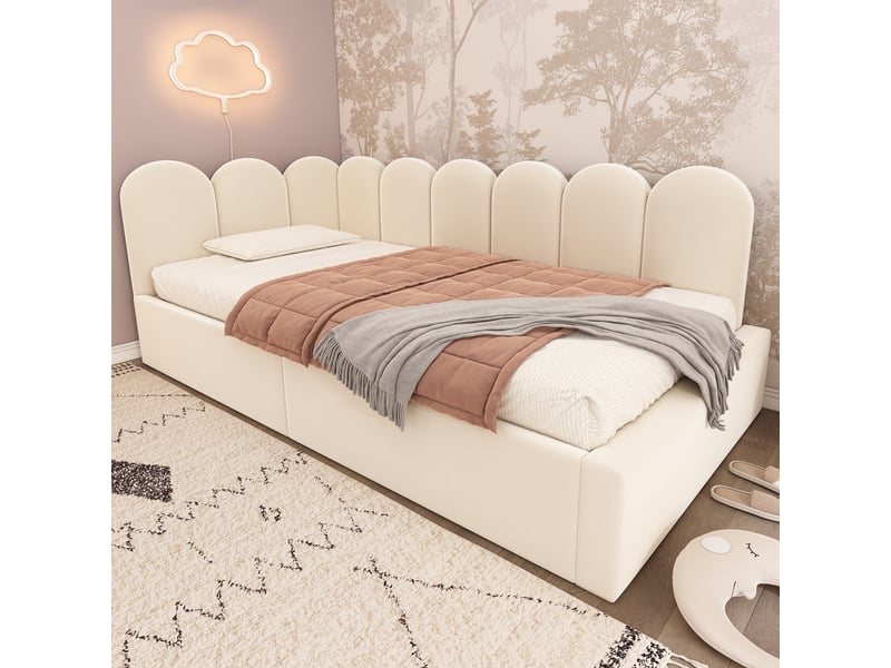  Lit banquette coffre rembourré 90x190 cm, rangement hydraulique, côtés interchangeables, sommier métallique, velours beige Radiant Stride - Conforama D