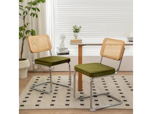 Lot de 2 chaises cantilever en velours beige et cannage pieds en acier chromé style breuer