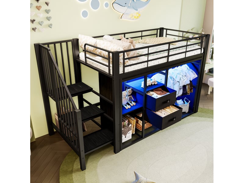  Lit mezzanine 90x200 cm avec 2 tiroirs, dressing ouvert et led multicolore noir  - Conforama D